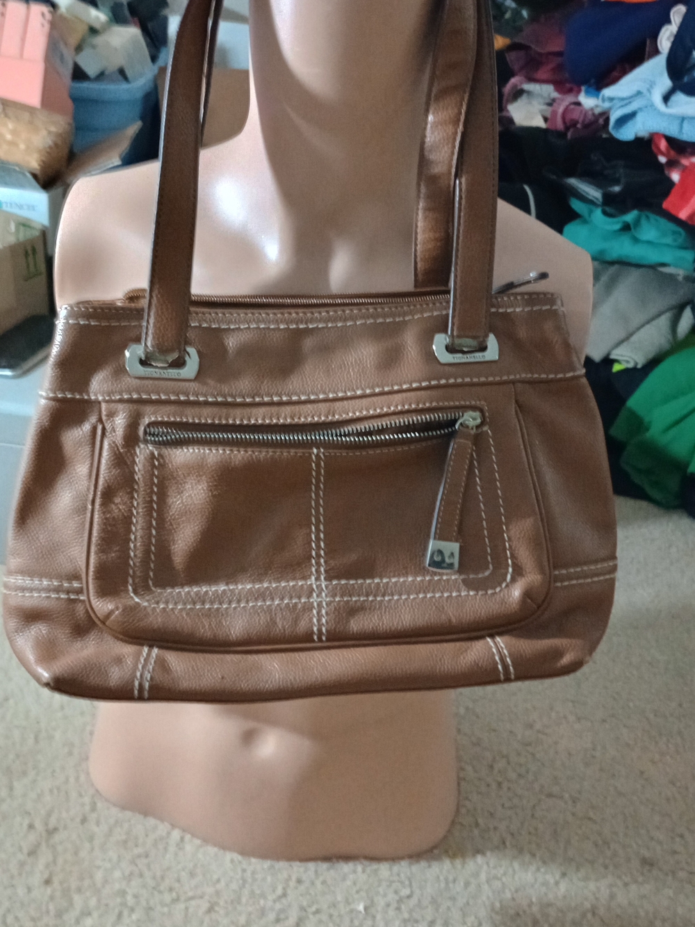 Brown Tignanello genuine leather shoulder bag in  silver-tone hardware and promi